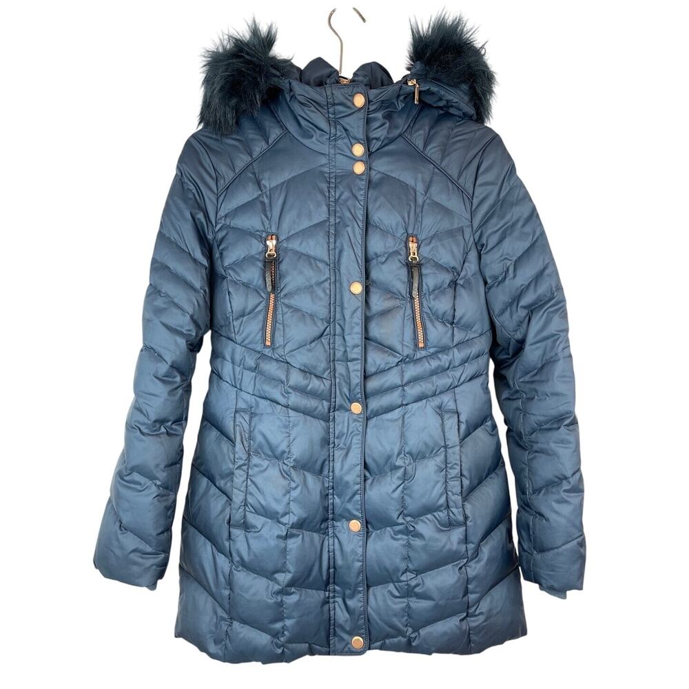 Andrew Marc Navy Blue Mid Length Zip Up Hooded Coat Rose Gold Detail S Small